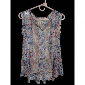 LC Lauren Conrad Floral V-Neck Blouse - Blue and Pink
